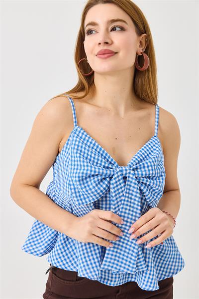 Kadın Büyük Fiyonk Detaylı Ekoseli Askılı Keten Görünümlü Bluz Mavi