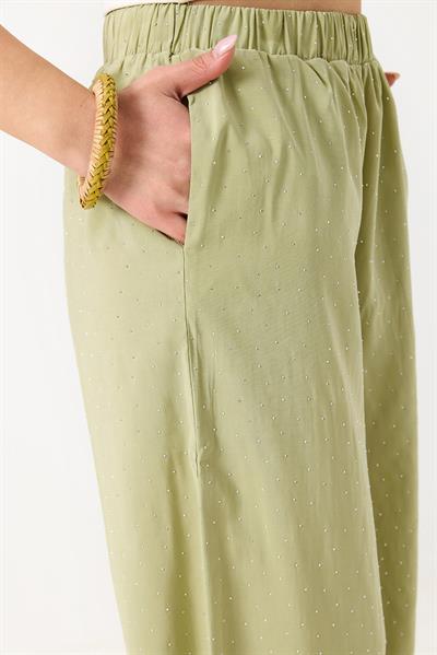 Kadın Taş Detaylı Bol Kesim Keten Görünümlü Pantolon Yeşil