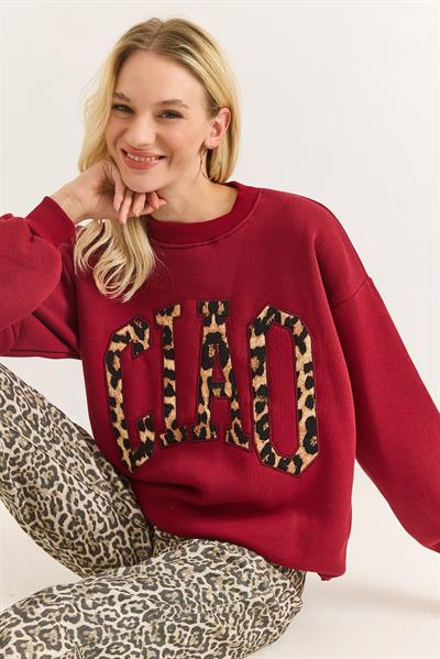 Kadın Üç İplik Leopar Baskılı Sweatshirt Bordo 