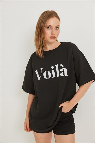 Voila Baskılı Oversize İki İplik Tshirt Siyah