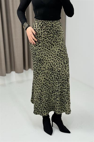 Beli Lastikli Leoparlı Saten Etek Haki