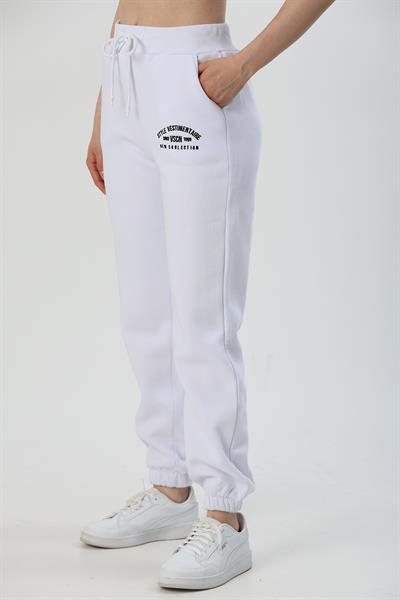 Paçası Lasitikli  Beli Kalın Lastikli Eşofman Altı Beyaz