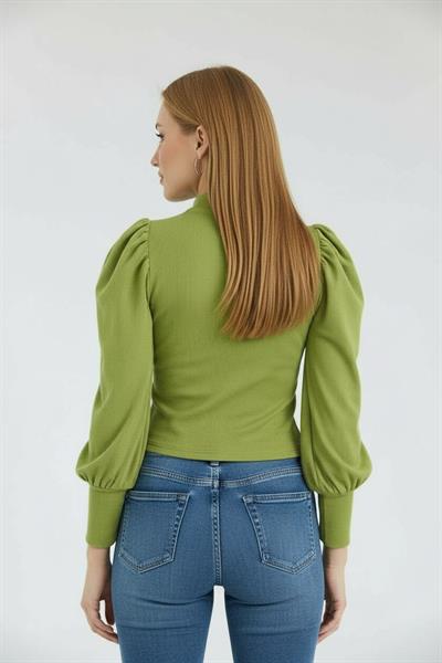 Kadın Hakim Yaka Prenses Kol Örme Bluz Yağ Yeşili