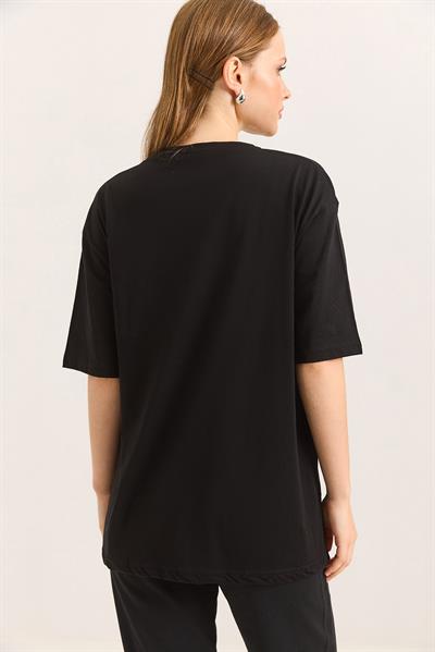 Ayıcık Nakışlı Rahat Kalıplı Tshirt Siyah