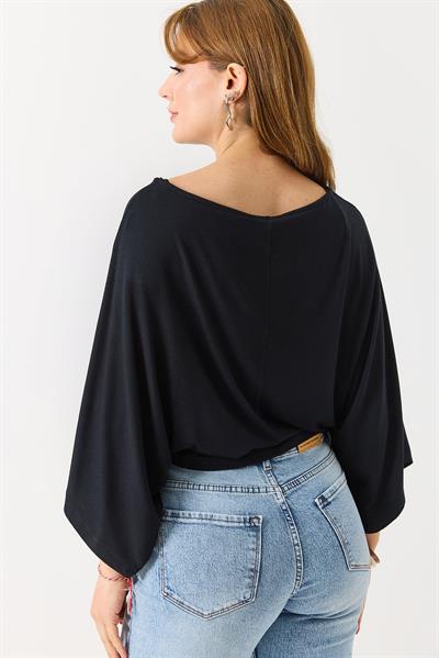 Kadın Kaşmir Yumuşak Kayık Yaka Pelerin Detaylı Bluz Siyah