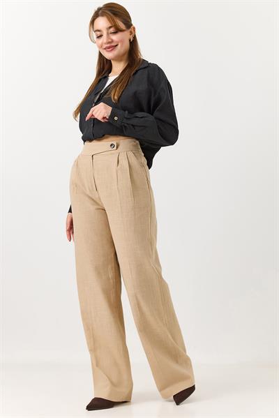 Kadın Yüksek Bel Rahat Kesim Palazzo Pantolon Bej