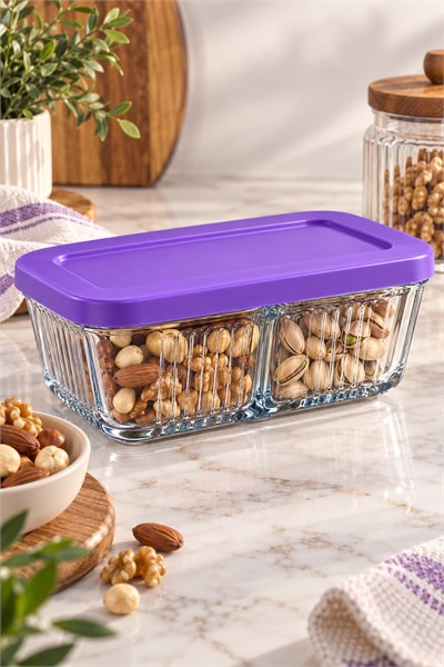 2 Bölmeli Cam Kesme Silikon Kapaklı Saklama Kabı Mor