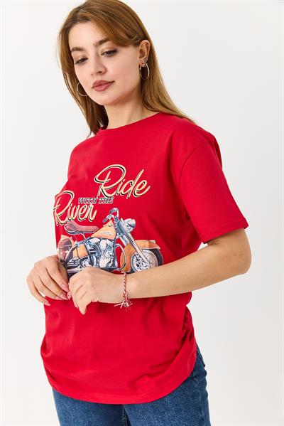Kadın Bisiklet Yaka Motor Baskılı Tshirt Kırmızı