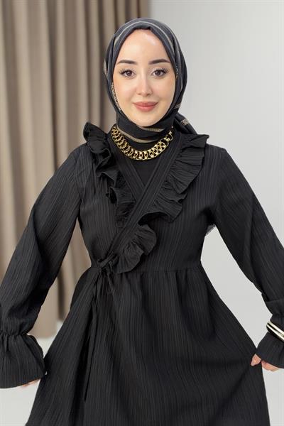 Kadın Yakası Fırfırlı Yandan Bağlamalı Krinkıl Kimono Siyah