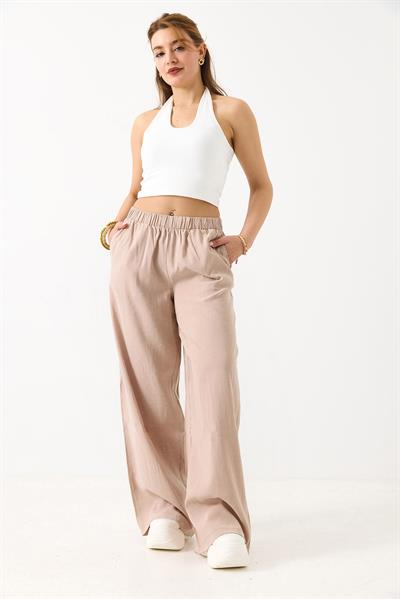 Kadın Taş Detaylı Bol Kesim Keten Görünümlü Pantolon  Vizon