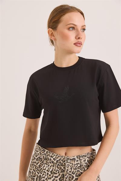 Rahat Kalıp Pamuk Örme Crop Tshirt Siyah