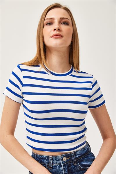 Çizgili Bisiklet Yaka Crop Bluz Mavi