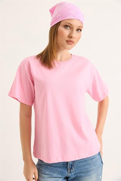 Bisiklet Yaka Kısa Kollu Fit Tshirt Pembe