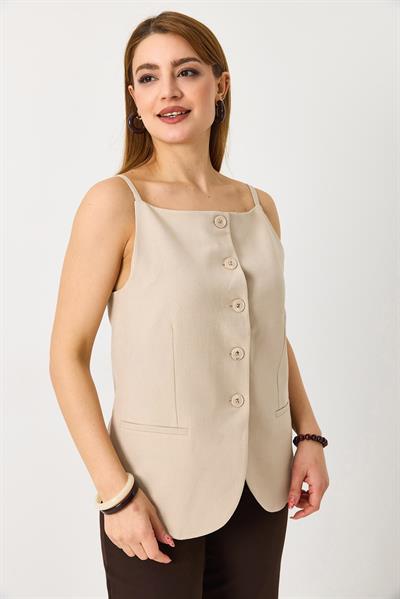 Kadın İp Askılı Düğmeli Kolsun Yelek Bej