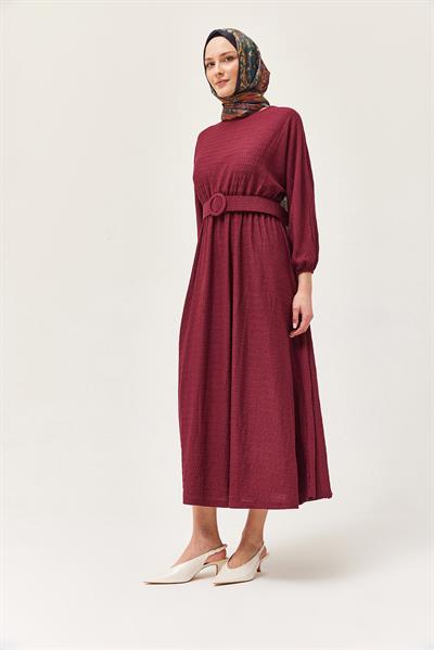 Bel Lastikli Kemerli Yarasa Kol Elbise Bordo 