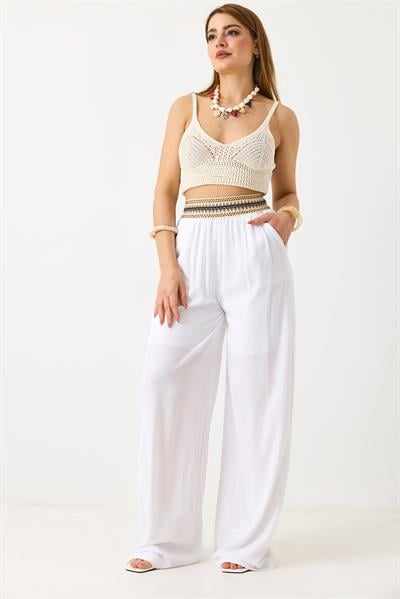 Kadın Beli Etnik Desen Keten Salaş Pantolon Beyaz