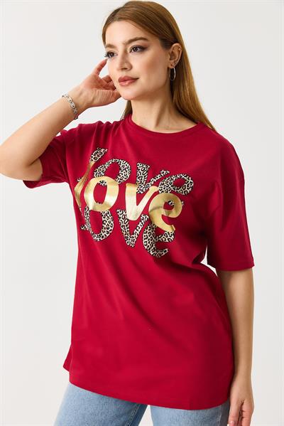 Kadın Bisiklet Yaka Kısa Kol Basic Tshirt Bordo
