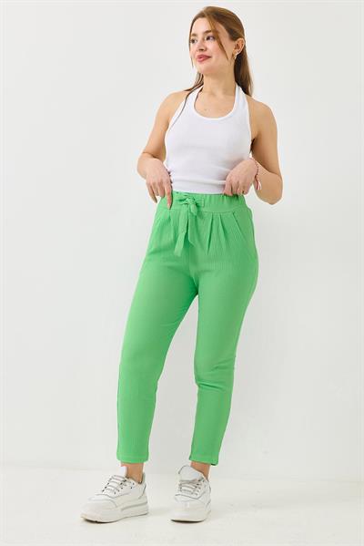 Bağlama Detaylı Bürümcük Örme Pantalon Yeşil