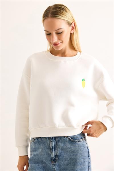 Limon Nakışlı Üç İplik Swetshirt Beyaz