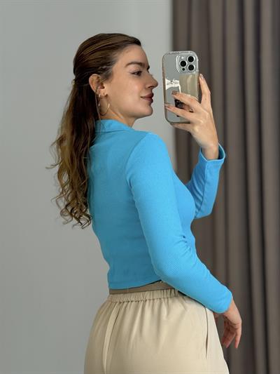 Kadın Polo Yaka Fitilli Crop Bluz Mavi