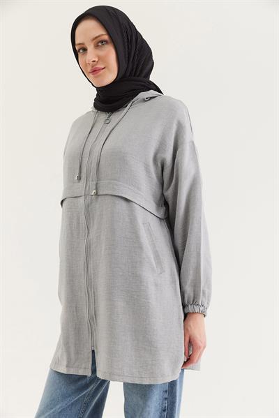 Araboy Kapşonlu Keten Tunik Gri