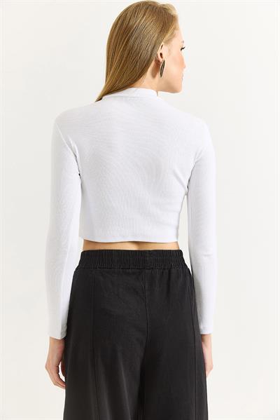 Kadın Fitilli Dekolteli Bluz Beyaz