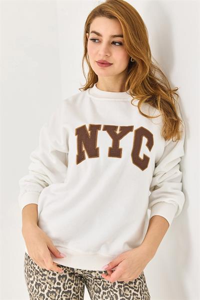 Kadın Bisiklet Yaka Üç İplik  NYC Baskılı SweatshirT Beyaz