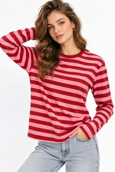 Kadın Çizgi Desenli Sweatshirt Pembe