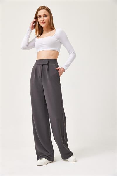 Beli Cırtlı Rahat Palazzo Pantolon Füme