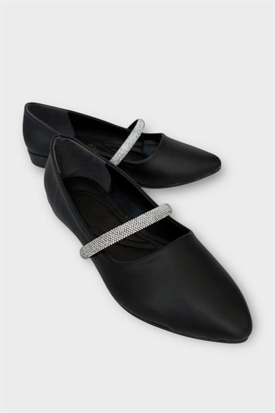 Kadın Bantlı Taş Detay Babet Ayakkabı Siyah