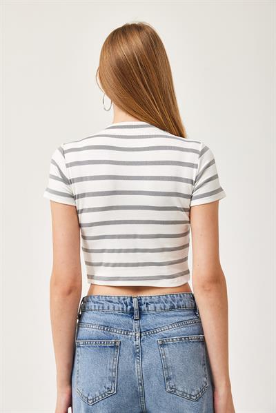 Çizgili Bisiklet Yaka Crop Bluz Gri