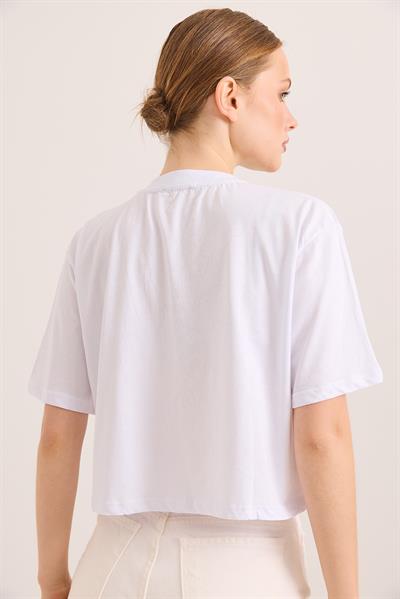 Baskılı Kısa Kol Pamuk Crop Tshirt Beyaz