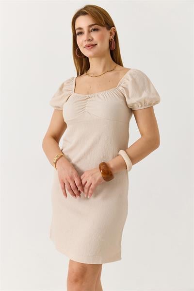 Kadın Kare Yaka Mini Elbise Bej