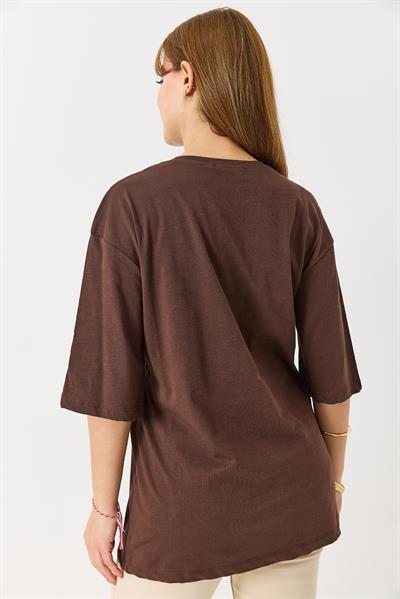 Kadın Çöl Tema Baskılı Bisiklet Yaka Tshirt Kahverengi