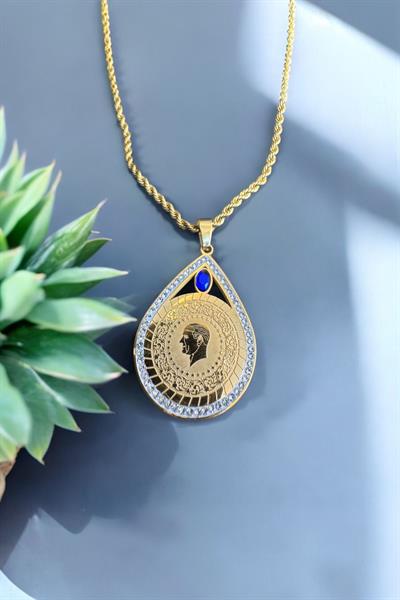 Çelik Tuğralı halka zincirli kolye Gold