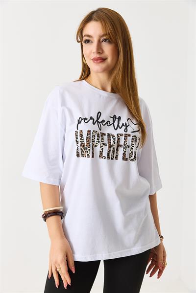 Kadın Bol Kesim Bisiklet Yaka Kısa Kol Tshirt Beyaz