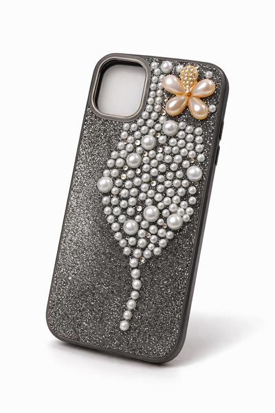 İphone 14 Pro Uyumlu İnci ve Glitter Detaylı Kılıf Siyah
