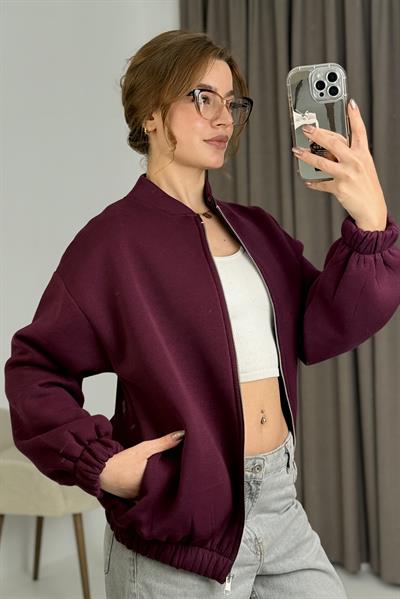 Üç İplik Şardonlu Bordo Beli Lastikli Fermuarlı Hırka