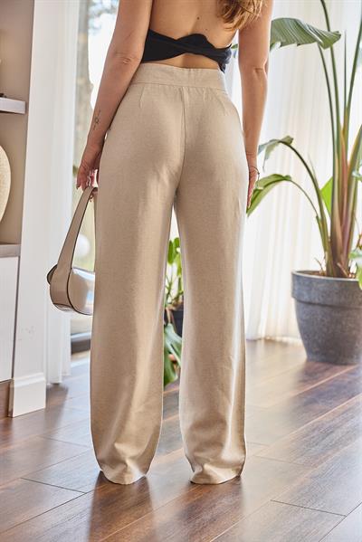 Çırt Kapamalı Bol Paça Keten Pantolon Bej