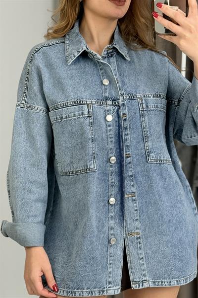 Kadın Oversize Çift Cepli Kot Gömlek / Ceket