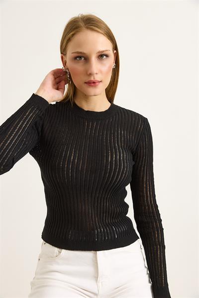 Bisiklet Yaka Triko Örme Bluz Siyah