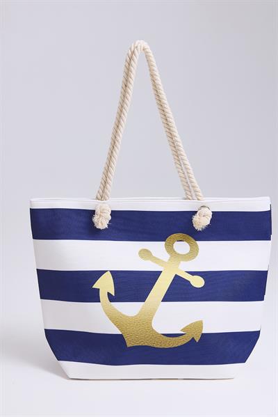 Desenli Fermuarlı Kadın Plaj Çantası Lacivert