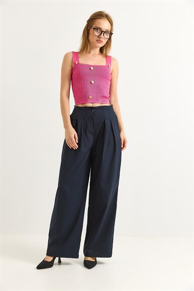 Bel Detaylı Pileli  Bol Kumaş Pantolon Lacivert