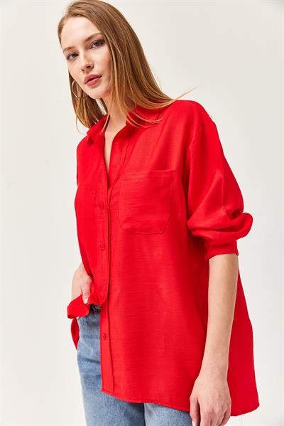 Uzun Kollu Cep Detaylı Basic Gömlek Kırmızı