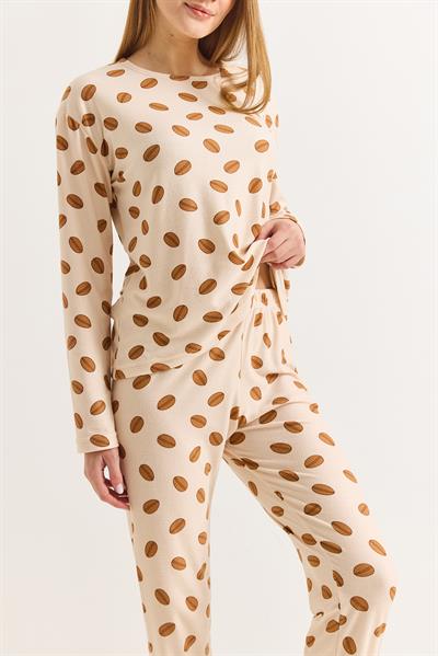 Kadın Bisiklet Yaka Baskılı Pijama Takımı Bej