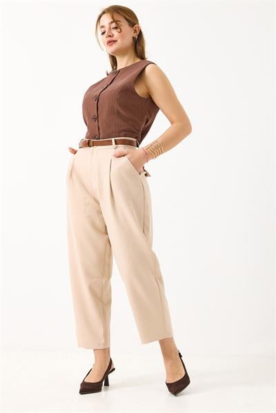Kadın Kemerli Cepli Mom Kumaş Pantolon Krem