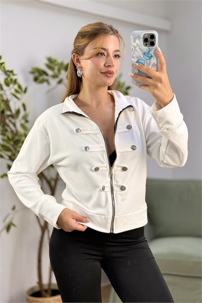 Kadın Kristal Taş Düğme Detaylı Fermuarlı Dik Yaka Sweatshirt Beyaz
