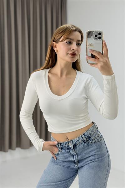 Kadın V Yaka Uzun Kollu Crop Bluz Ekru
