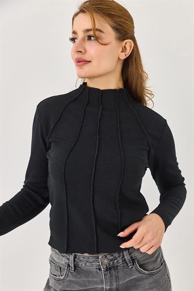 Kadın Dikiş Detaylu Esnek Uzun Kollu Bluz Siyah