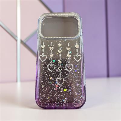 İphone 17  Pro Uyumlu Şeffaf ve Mor Geçişli Kalp-Yıldız Taşlı KILIF mOR